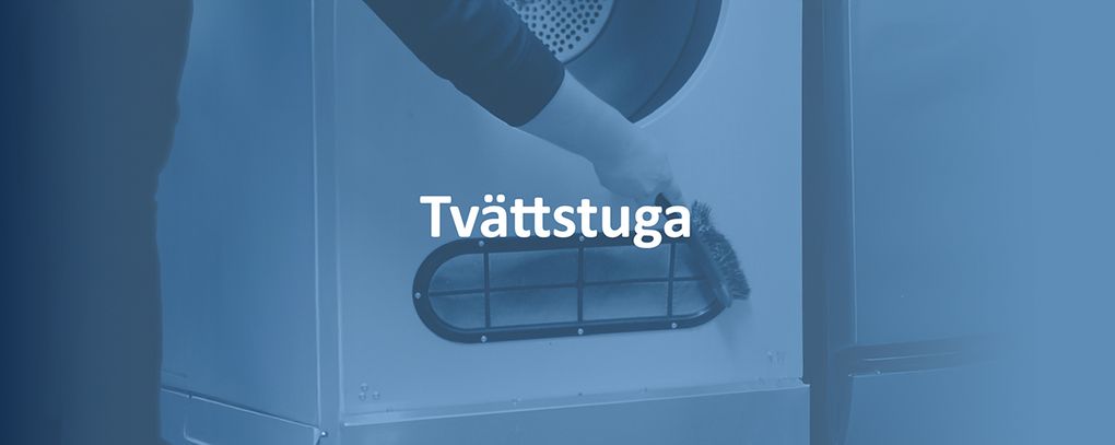 Person som borstar torktumlarens filter med texten Tvättstuga.