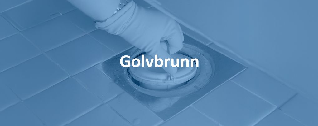 En golvbrunn och vattenlås med texten Golvbrunn.