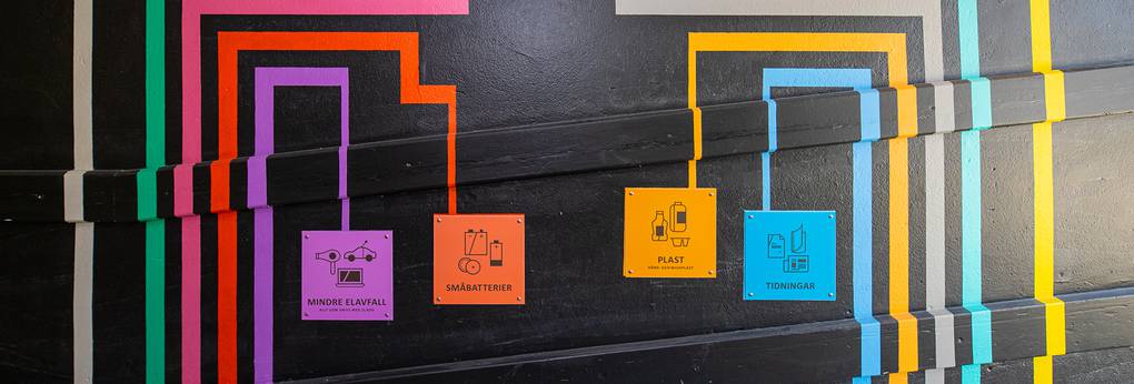 Färgglada linjer på en vägg med förklaringar som t.ex. småbatterier och plast.