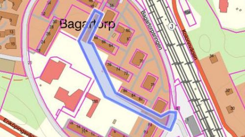 Karta i orangea kulörer över Bagartorpsringen med ett markerat arbetsområden i lila.