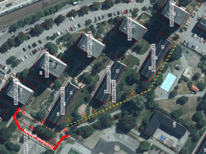 Flygfoto som visar arbetsområde i Bagartorpsringen.