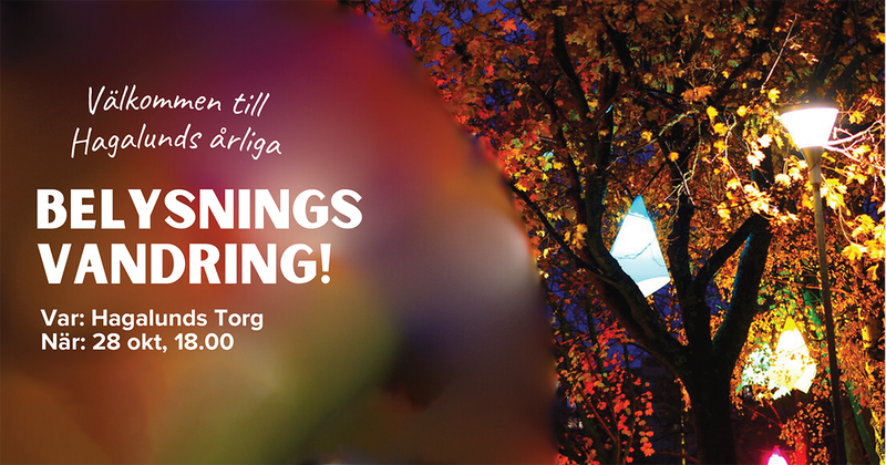 Träd med belysning, gula löv och taget på kvällen och vit text ovanpå bilden.