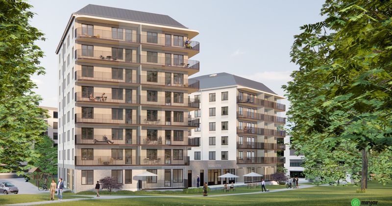 Två flerfamiljshus på åtta och sex våningar sammankopplade med gemensam bottenplan och grönskande träd runt om.