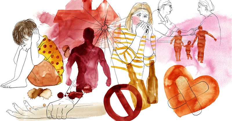 Illustration med tema hot och våld med bland annat barn som håller för öronen.