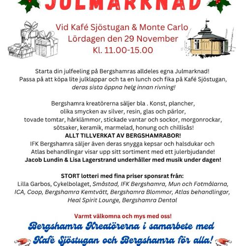 Bergshamra julmarknad den 29 november kl. 11-15 vid Kafé Sjöstugan. Det säljs bland annat smycken, glas, sockar m.m. tillverkat av Bergshamrabor.