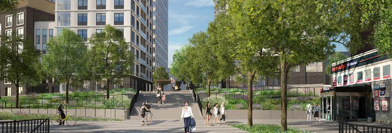 Skiss över Bagartorp centrum med promenadvägar och mataffär.