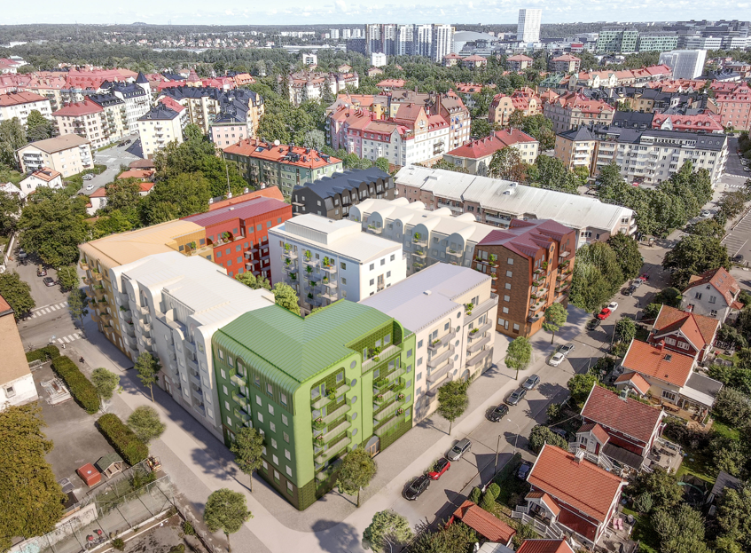 Vy över kvarteret Bollen i Råsunda som planeras på 2020-talet.