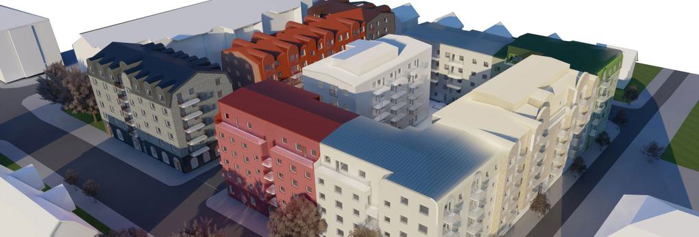 Fasadbild på de nya husen som ska byggas i kvarteret Bollen i Råsunda