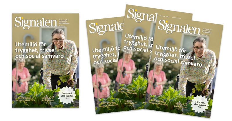 Tre nummer av Signalen med en kvinna i förgrunden som plockar sallad.