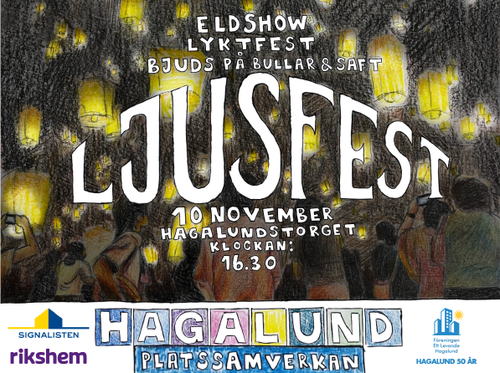 Inbjudan till ljusfest på en bakgrund med lyktor som svävar mot en svart himmel.