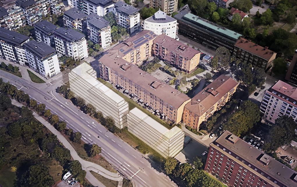 Skiss över nya fastigheterna i kvarteret Turkosen. Husen ligger mot en gata.