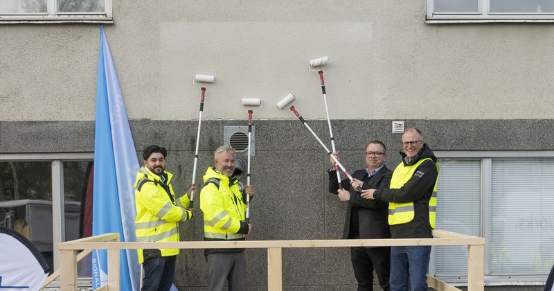 Fyra män står med färgrollers mot en husvägg målad i ny färg.