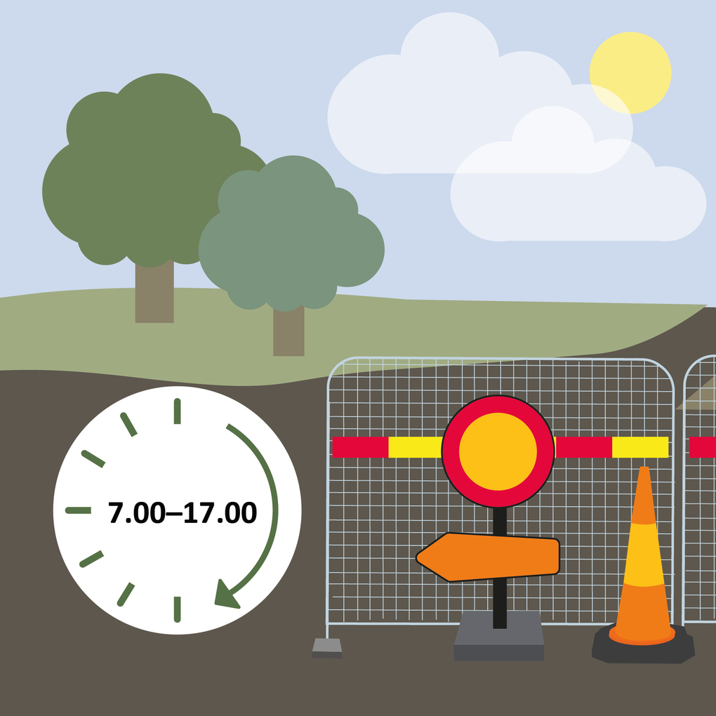 Illustration som visar staket och en klocka 7–17.