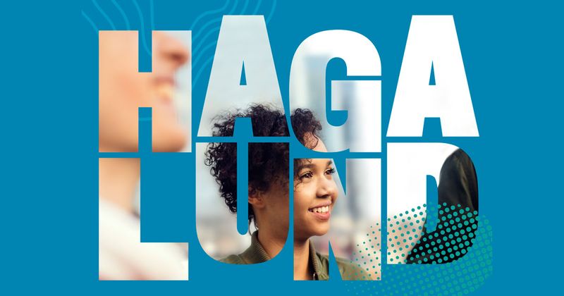 Ordet Hagalund och en kvinna i mitten med mörk hy och mörkt lockigt hår.