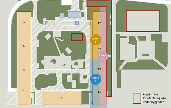 Karta som visar etapp 1, 2 och 3.