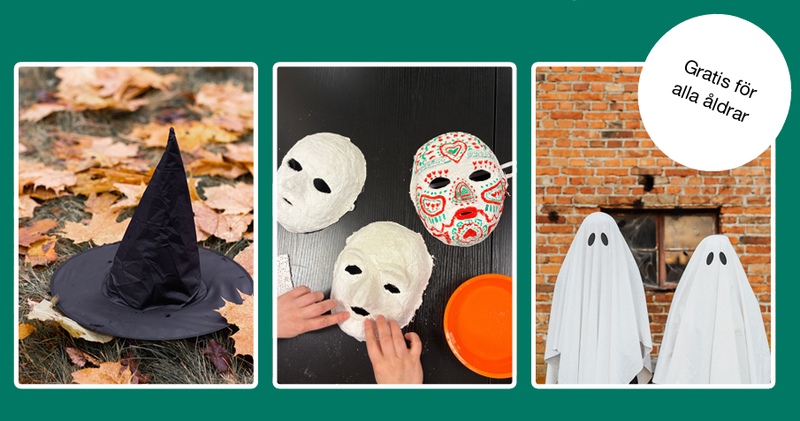 Tre bilder bredvid varandra med häxhatt bland löv, tre ansiktsmasker varav en håller på att målas och den sista med två spöken.